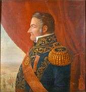 Painting depicting a heavy-set man in profile who wears an elaborately embroidered military uniform with sash and large epaulets