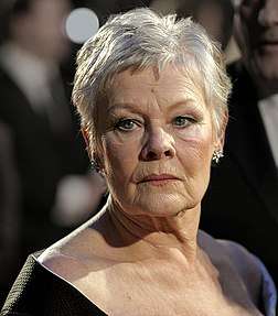 A head-shot of Judi Dench as she looks directly at the camera.