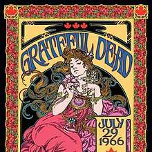 A woman with long flowing hair, drawn in the style of an Art Nouveau poster