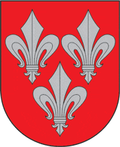 A coat of arms depicting three grey fleurs-de-lis, two directly across from each other at the top and one on the bottom, all on a red background
