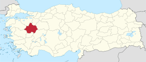 Kütahya highlighted in red on a beige political map of Turkeym