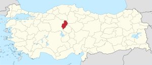 Kırıkkale highlighted in red on a beige political map of Turkeym