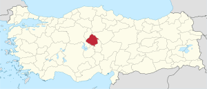Kırşehir highlighted in red on a beige political map of Turkeym