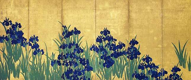 Irises in blossom on a gold background covering the bottom left half of the screen.