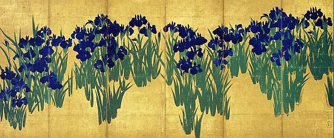 Irises in blossom on a gold background covering more than half of the screen.
