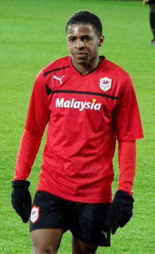 A man with short dark hair wearing a red football jersey, black gloves and black shorts. He is standing on a grass pitch.