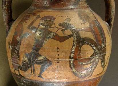 Euboean amphora, c.&nbsp;550&nbsp;BCE, depicting the fight between Cadmus and a dragon