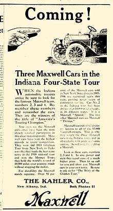 In July 1912, Ferdinand N. Kahler placed this newspaper advertisement stating the public could visit The Kahler Co. factory and see three Maxwell automobile models that were touring the nation as part of that manufacturer's "Indiana Four State Tour".