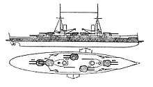 A large warship with five gun turrets, two tall masts, two funnels, and heavy armor protection