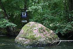 A large, moss covered boulder in a river surrounded by green trees.