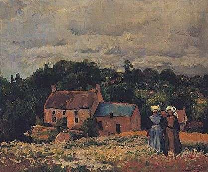 Landscape painting with a house in the distance and two small figures in the bottom right