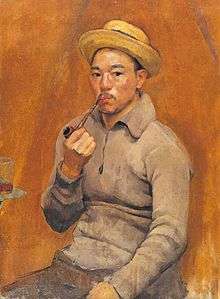 Oil painting of a man seated, wearing a hat and holding a pipe to his mouth