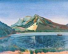 At Lake Haruna in 1940 Kanae suffered a stroke that ended his career.Painting of a lake with mountains in the background
