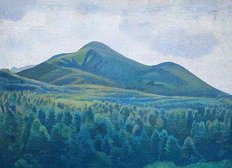 Landscape painting of mountains in the distance and vast forests in the foreground