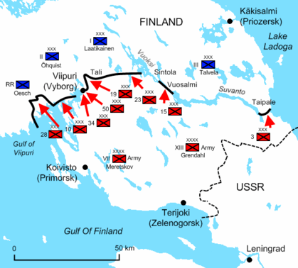 A diagram of the Karelian Isthmus during the last day of the war illustrates the final positions and offensives of the Soviet troops, now vastly reinforced. They have now penetrated approximately 75 kilometres deep into Finland and are about to break free from the constraints of the Isthmus.