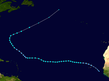 A track map of Tropical Storm Karl throughout mid- to late September