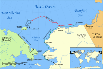 Section of the Arctic Ocean showing the Beaufort and Chukchi seas, with parts of the Siberian, Alaskan and Canadian coasts. Locations of Herschel, Wrangel and Herald Islands are indicated. Distinctive lines show (a) Karluk's outward voyage eastward around the northern Alaskan coast; (b) Karluk's drift westwards towards Siberia; (c) Crew marches to Wrangel and Herald Islands; (d) Bartlett's rescue journey to Alaska.