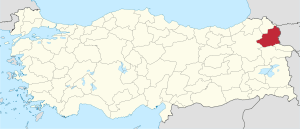 Kars highlighted in red on a beige political map of Turkeym
