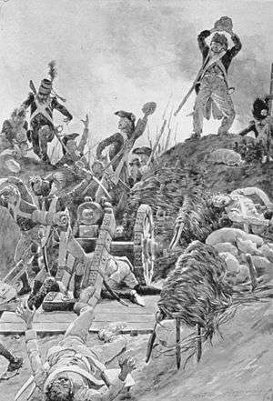 Black and white drawing of soldiers throwing boulders at one another