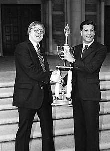 UCLA’s debate captain Keith Fink with debate coach Tom Miller after capturing UCLA’s first national debate championship