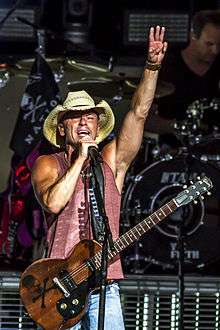 A man wearing a cowboy hat signing into a microphone.  He has a guitar on a strap around his neck and is holding one hand high in the air with three fingers extended.