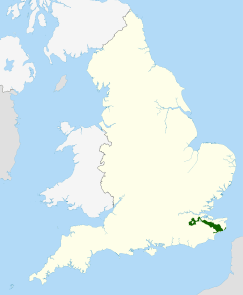 Map of England and Wales with a green area representing the location of the Kent Downs AONB
