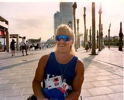 Kevin Saunders in the Olympic/ Paralympic Village prepares for the 1992 Barcelona Paralympic Games.