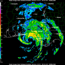Radar image of storm making landfall on the Florida Panhandle. The storm's eye is visible near the center.