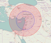 Area-denial anti-access bubble created by Iskander-M and S-400 systems deployed at Russia's Khmeimim airbase. Red - ballistic missile range (700 km). Blue - maximum range of the S-400 system with 40N6 missile (400 km).
