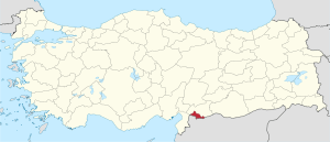 Kilis highlighted in red on a beige political map of Turkeym