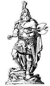 Black and white illustration of an axe-wielding Viking