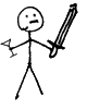A crude stick-figure drawing of a man with a sword in his left hand and a martini glass in his right hand.
