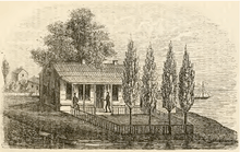 Black and white sketch of a well kept log house, with multiple windows, a front porch, fence and landscape.  Two people are on the porch.