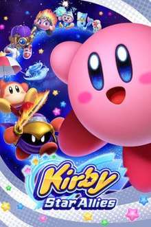 The main character Kirby, taking up the majority of the right-side foreground, waves at the viewer as his friends fly towards him on the left side of the artwork in the background. The words "Kirby Star Allies" are presented in a stylised logo at the bottom of the image, and the artwork is decorated with blue and white decals and colorful stars.