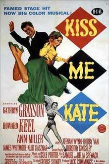 Illustration of a grinning man with upraised hand about to spank a woman in a long skirt, who is lying prone and mock-helpless across his lap, smiling coyly; copy reads: 'Famed stage hit now big color musical! Starring: Kathryn Grayson; Howard Keel; Ann Miller