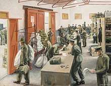 Colour painting depicting men wearing green military uniforms inside a warehouse