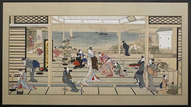 A painting of finely-dressed Japanese women at a party overlooking the sea