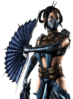 This image shows a muscular, large-chested, dark-haired masked female from the waist up. She is wearing a revealing blue outfit, elbow-length handless gloves and a silver tiara on her head, and is wielding a single unfolded bladed fan.