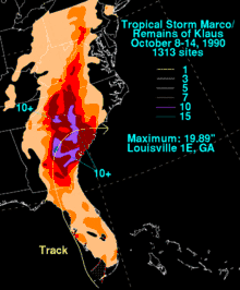 A rainfall map depicting precipitation from both a tropical storm and the remnants of a hurricane