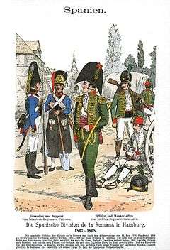 Colored print shows men in early 19th century military uniforms. The grenadier and sapper at the left belonging to the Princesa Line Infantry wear blue coats with fur hats. The officer and enlisted man at the right from the Catalonia Light Infantry wear green hussar-style jackets.