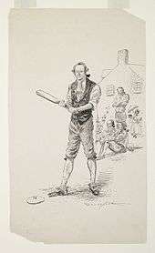 A drawing of several members of the New York Knickerbockers baseball team. One player is holding a baseball bat, while behind him three members are sitting or standing in front of a house.