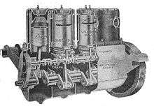 A 4-cylinder Knight car engine, sectioned through the cylinders to show the Knight sleeve valves.