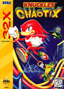 Cover art used in North American regions. This artwork shows Knuckles and Vector using the game's signature "rubber band" physics. The game's logo is displayed at the top, and Sega logo and Seal of Quality are on the left-hand side of the box.