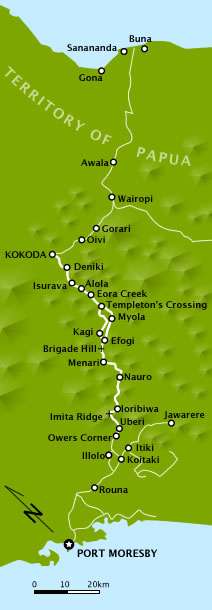 A map, orientated to the north-east, depicting the Kokoda Track as it stretches from the southern coast to the northern.