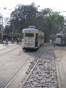 Tram rolling towards the camera