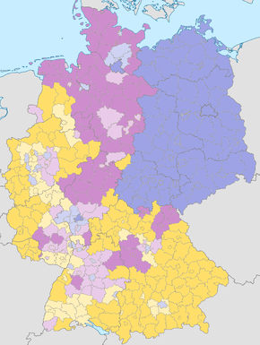 A map of Germany showing religious statistics by district. Catholicism dominates the south and west, Protestantism Swabia and the north, and other or no religion dominates the east and some major cities.