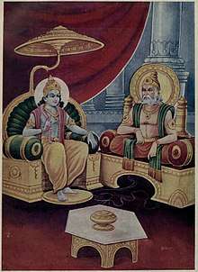 A painting of Ugrasena and Krishna seated