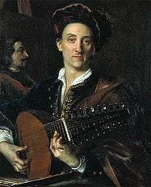 Painter David Hoyer playing a lute