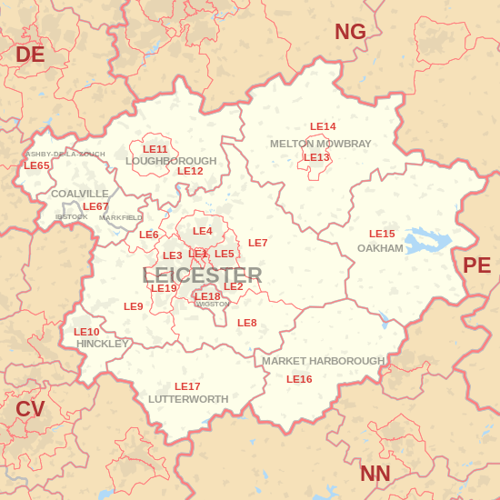 LE postcode area map, showing postcode districts, post towns and neighbouring postcode areas.