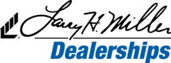 The logo of Larry H. Miller Dealerships, with a stylized "L" and "M" in black on the left, and Larry H. Miller's signature in black above "Dealerships" in a sans serif block font in blue below the right side of the signature.